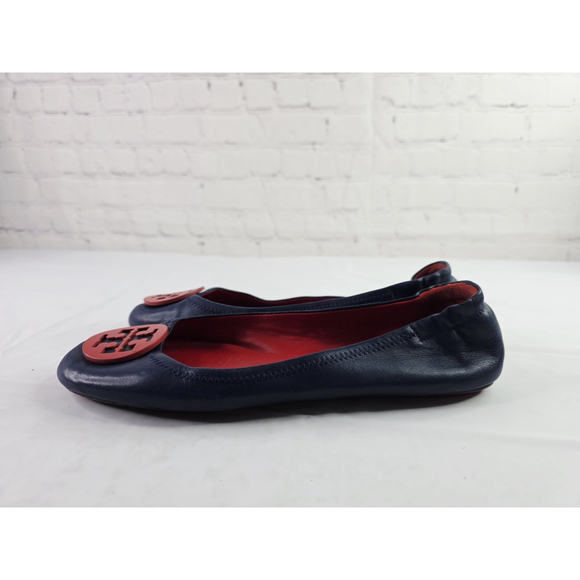 Tory Burch Minnie Travel Ballet Flats Navy Napa leather/ Nantucket Red Size 9.5 - Picture 3 of 7